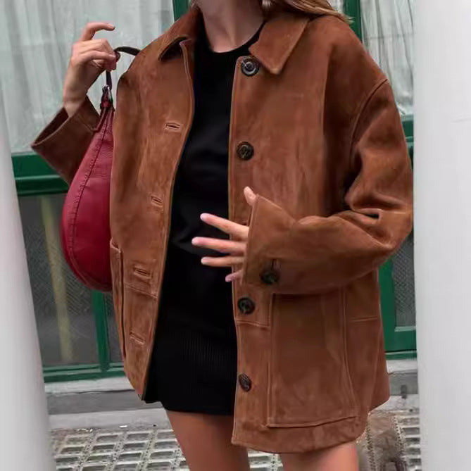 Damen Oversized Wildlederjacke mit Knopfdetails Drune