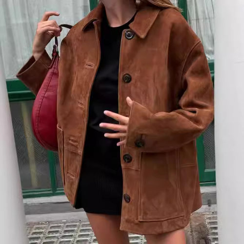 Damen Oversized Wildlederjacke mit Knopfdetails Drune