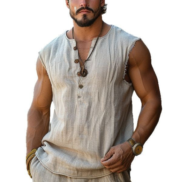 Herren lässiges Leinen Tanktop mit Knopfleiste und Fransen Drune