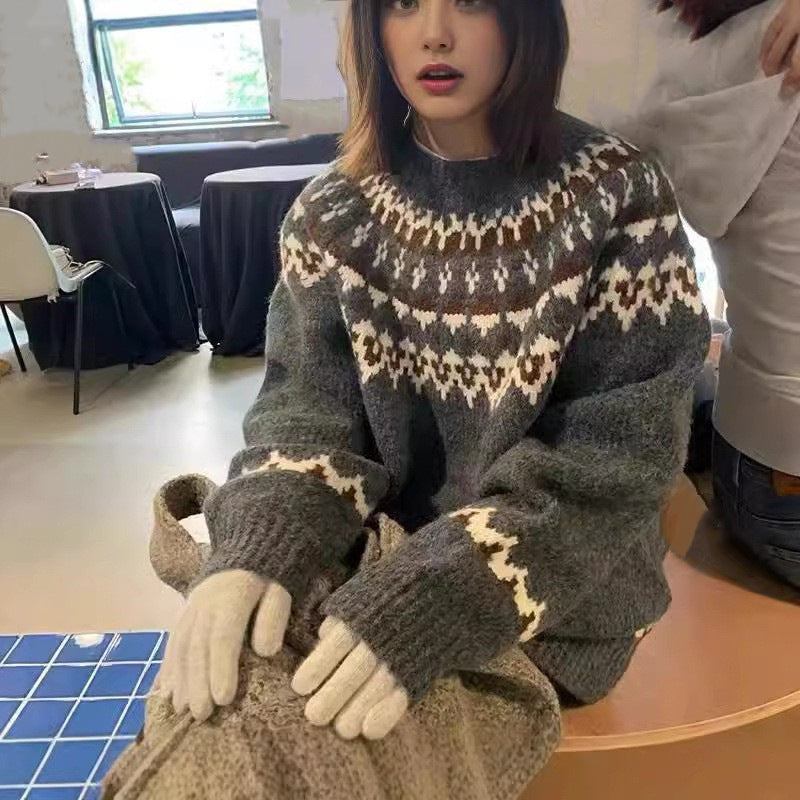 Damen gestrickter Pullover mit Norwegermuster Drune