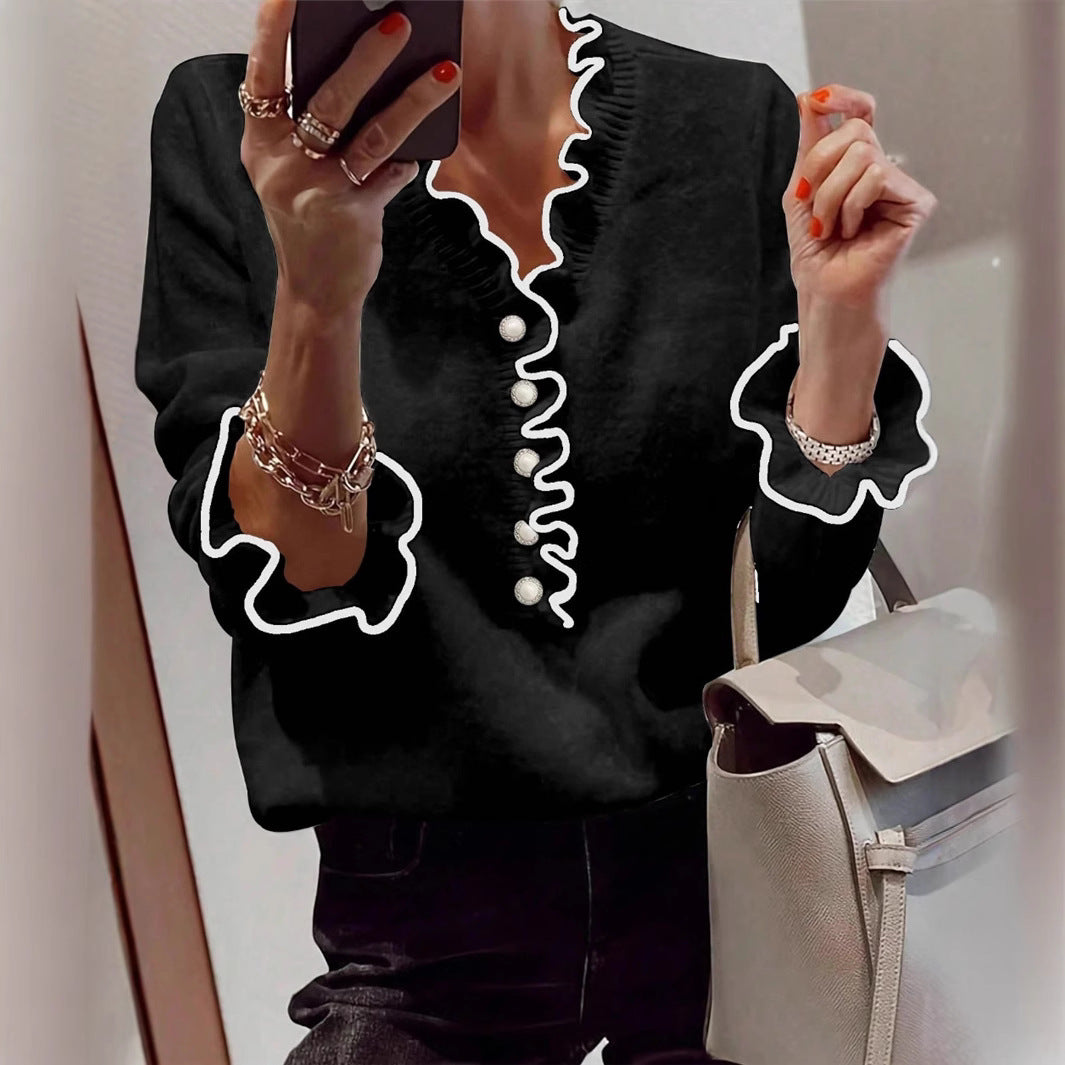 Damen Elegantes Sweatshirt mit Rüschendetails und Perlenknöpfen Drune