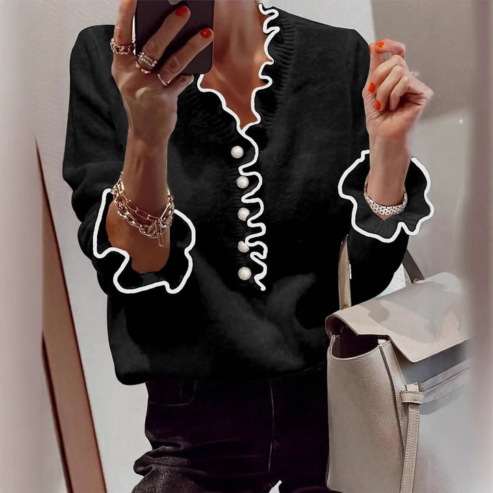 Damen Elegantes Sweatshirt mit Rüschendetails und Perlenknöpfen Drune