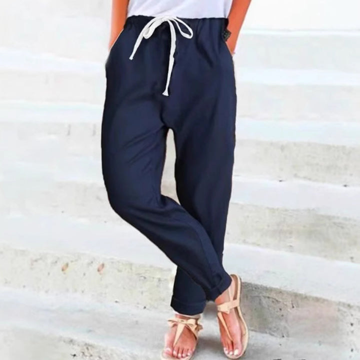 Damen elegante Freizeithose mit elastischem Bund und Bindegürtel Drune