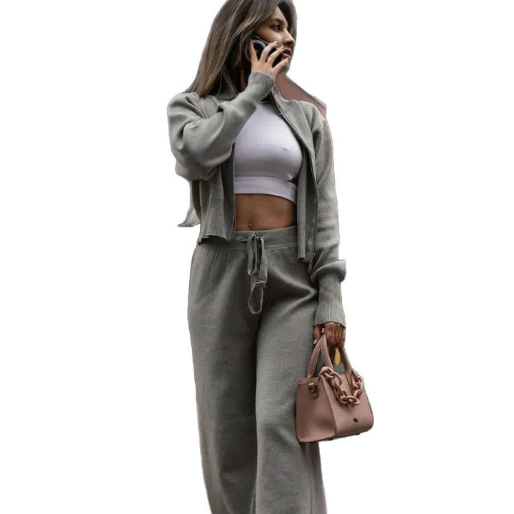 Damen nan gestricktes Loungewear-Zweiteiler mit kurzem Reißverschluss-Cardigan und weitem Highwaist-Hosenbein Drune