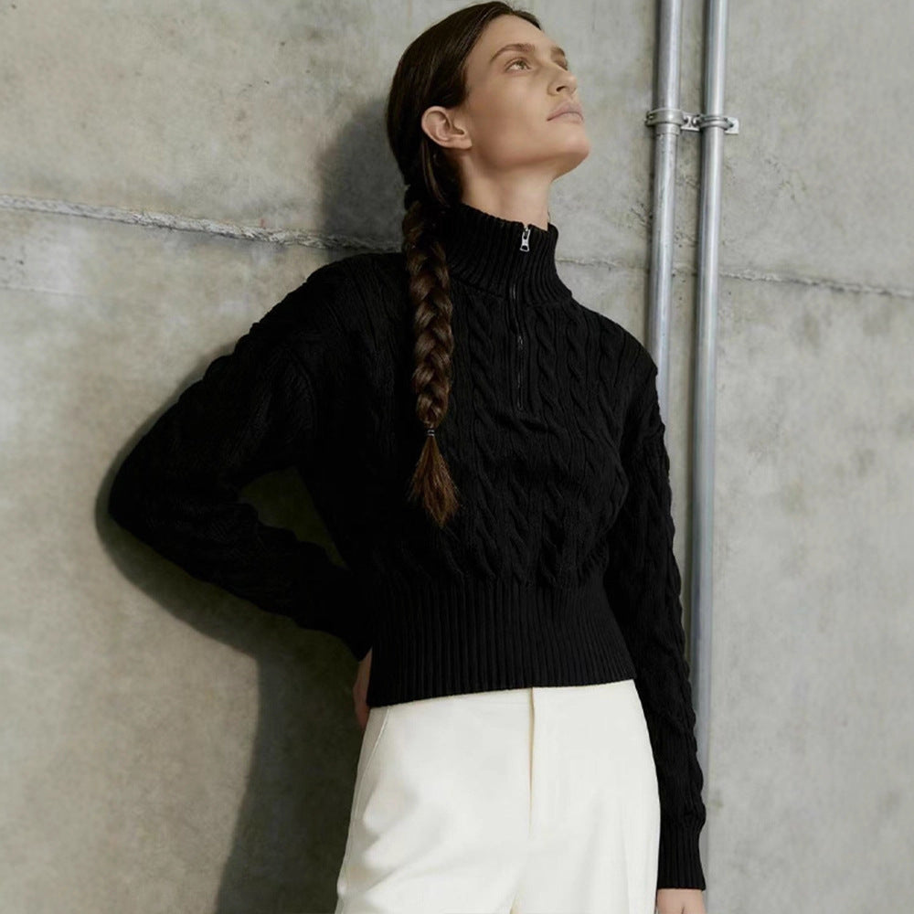 Damen eleganter Strickpullover mit hohem Kragen und Reißverschluss Drune