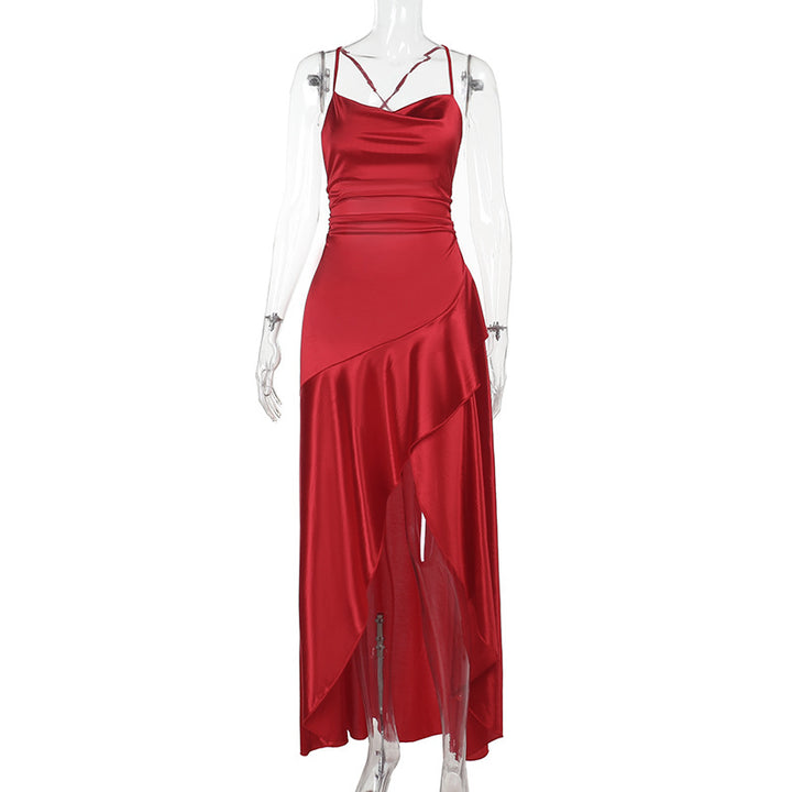 Damen luxuriöses Satin-Maxikleid mit asymmetrischem Schnitt Drune