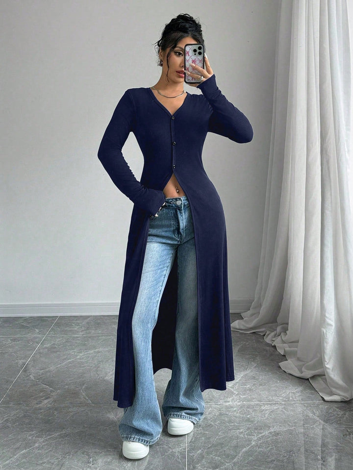 Damen Langstrickjacke mit V-Ausschnitt und Knopfverschluss Drune