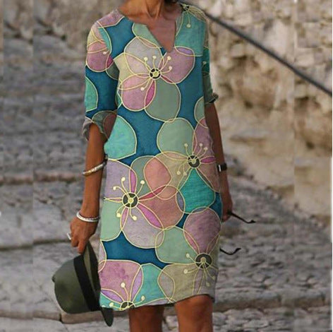 Damen luxuriöses V-Ausschnitt Kleid mit floralem Design und kurzem Ärmel Drune