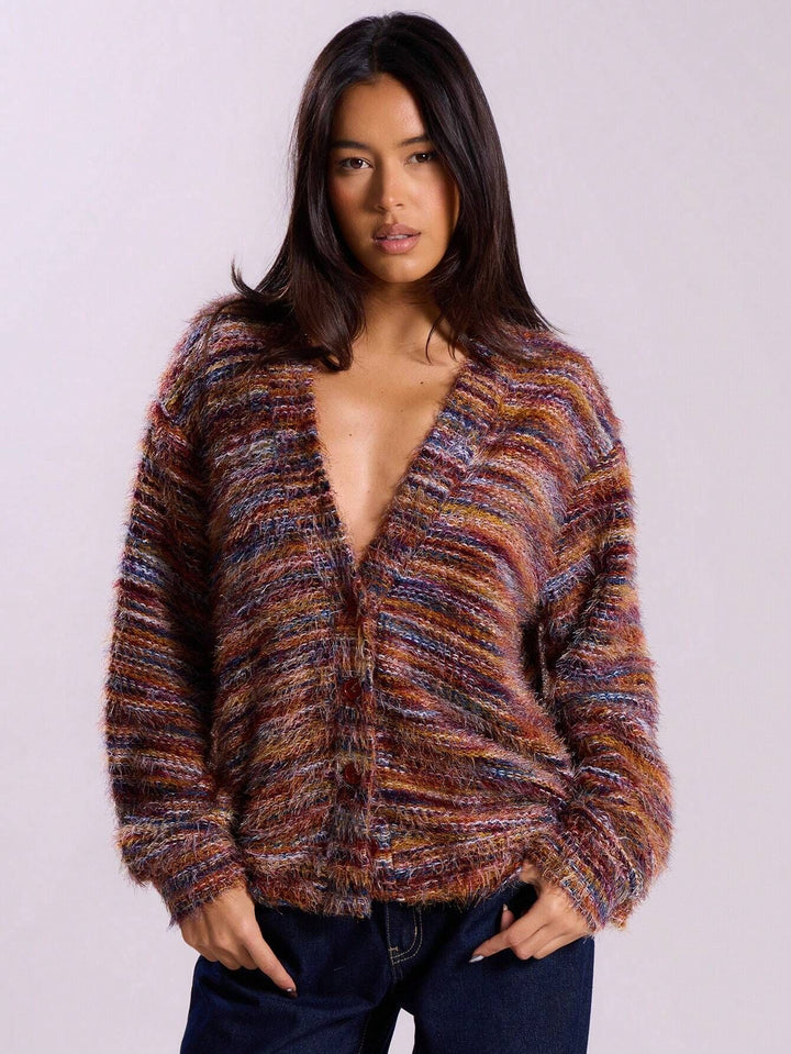 Damen luftiger Strickpullover mit tiefem V-Ausschnitt und charmantem Farbverlauf Drune