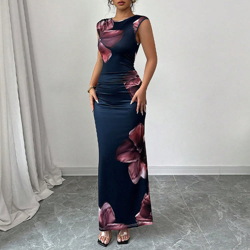 Damen elegantes Maxi-Kleid mit floralem Drapierungsdesign und figurbetonendem Schnitt Drune