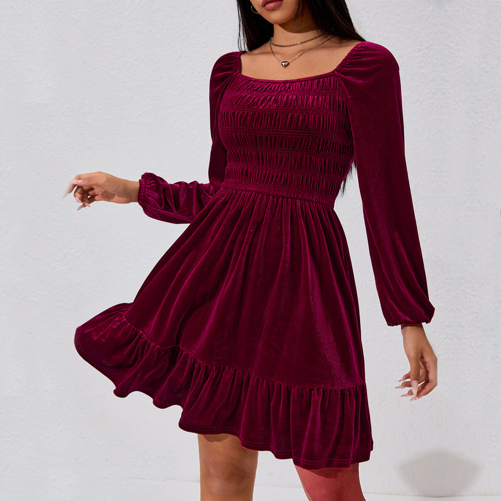 Damen Samt Minikleid mit Rüschendetails und elastischem Bund Drune