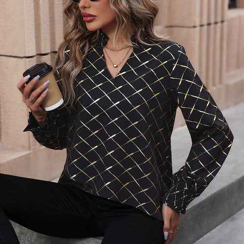 Damen Bluse mit elegantem Rautenmuster und Puffärmel Drune