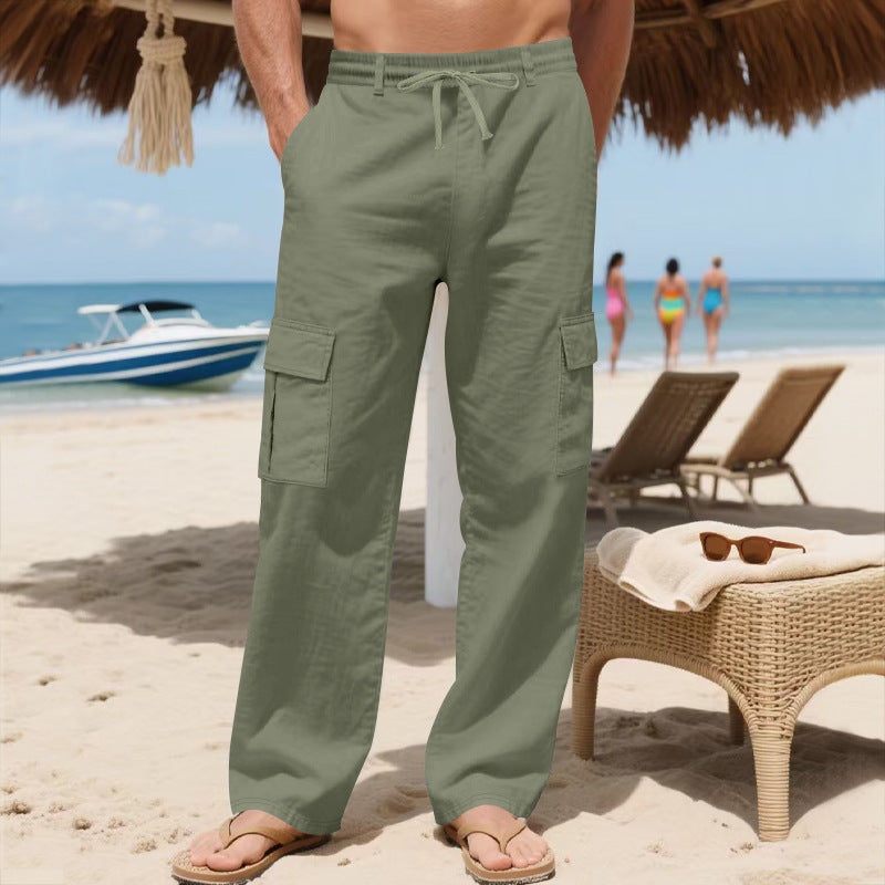 Herren nan lockere Cargo-Strandhose aus Leinenmix mit elastischem Bund und verstellbarem Kordelzug Drune