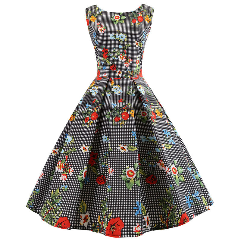 Damen Retro A-Linien Kleid mit floralen Akzenten und klassischem Karodesign Drune