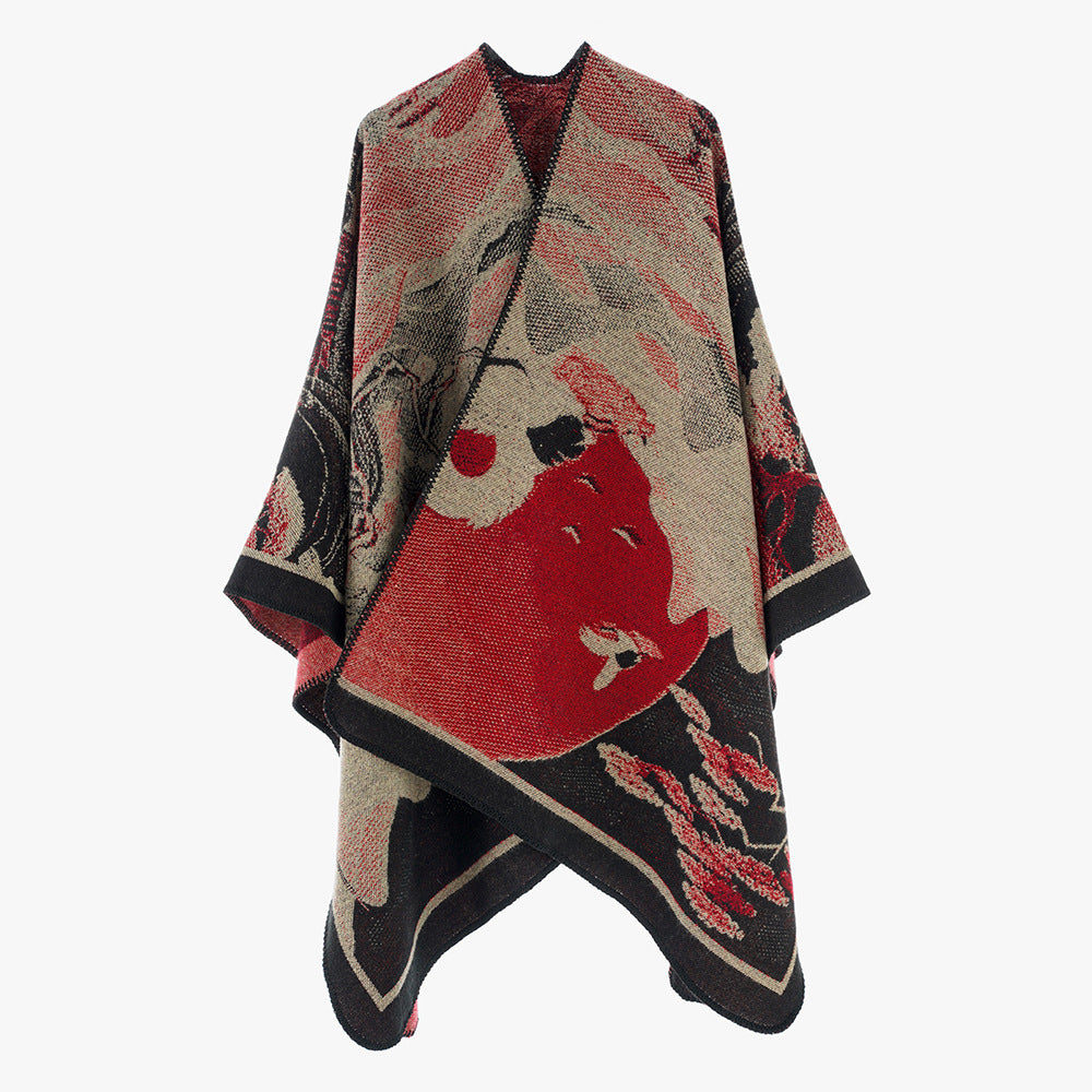 Damen Designer Poncho mit modernem floralen Muster und luxuriöser Strickstruktur Drune