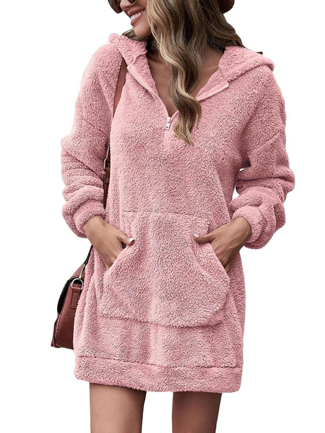 Damen Kuscheliger Hoodie-Kleid mit praktischen Taschen und halben Reißverschluss Drune