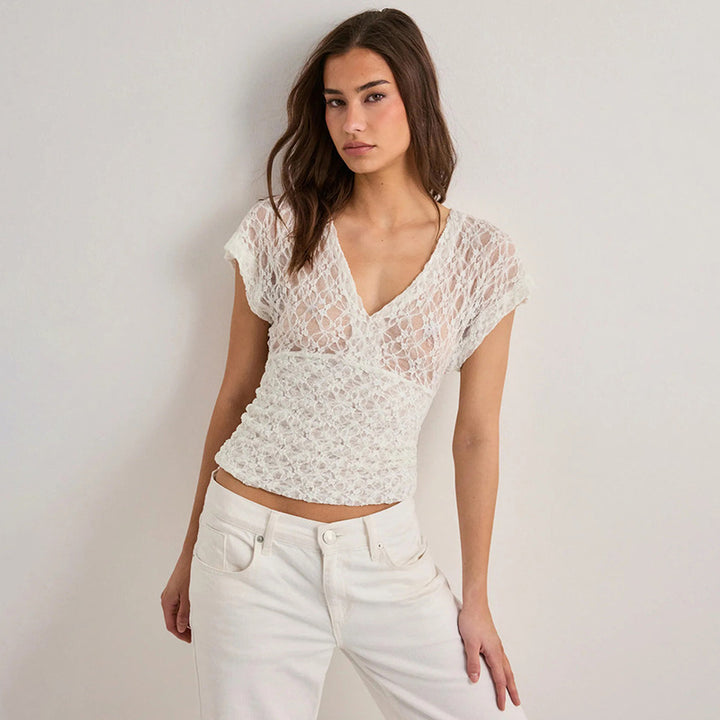 Damen Elegantes Spitzenoberteil mit V-Ausschnitt und weitem Schnitt Drune