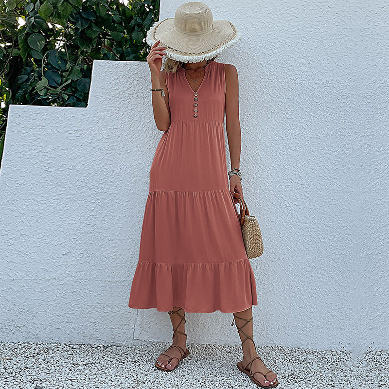 Damen luftiges Maxikleid mit Knopfdetails und Rüschensaum Drune