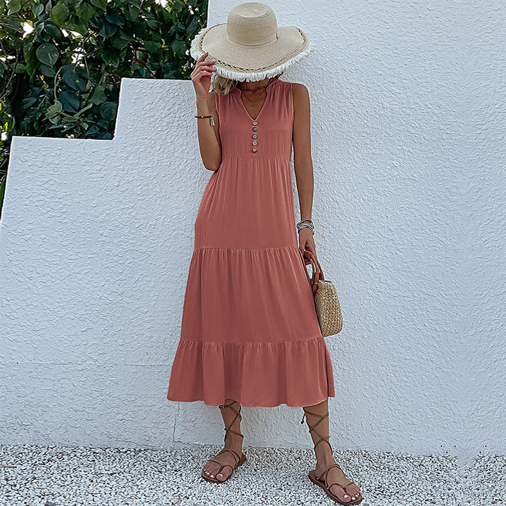 Damen luftiges Maxikleid mit Knopfdetails und Rüschensaum Drune