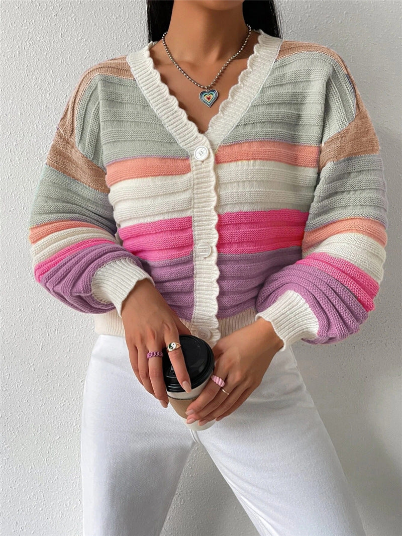 Damen Strickjacke mit modernem Streifenmuster und voluminösen Ärmeln Drune
