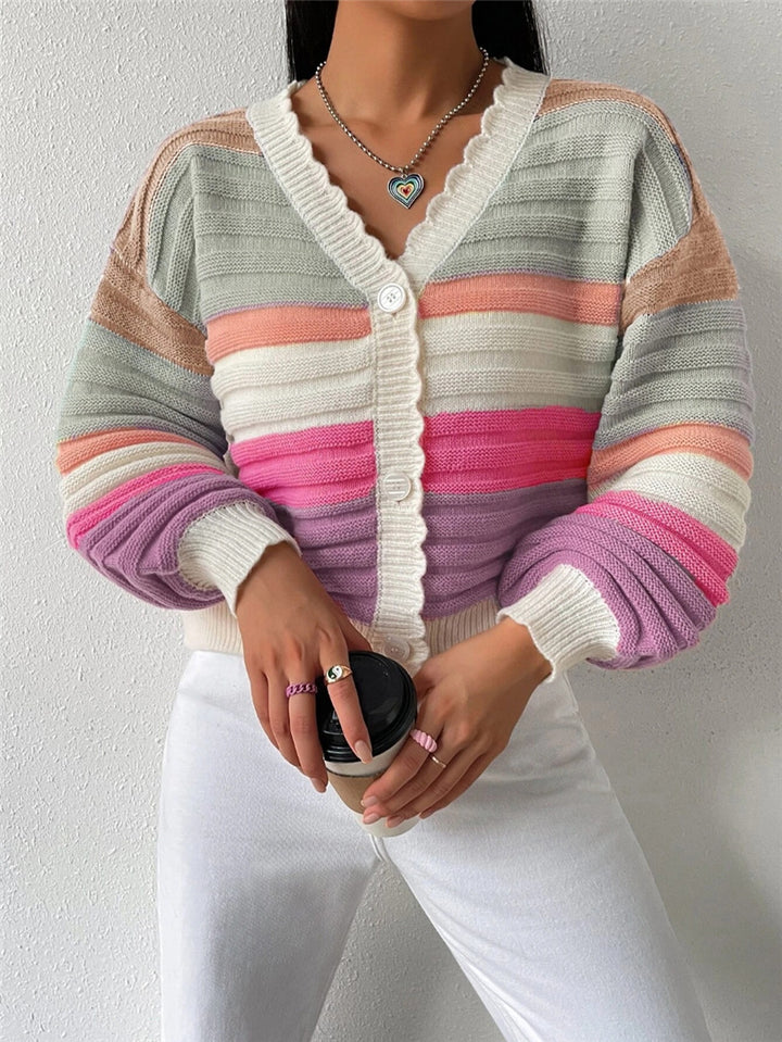Damen Strickjacke mit modernem Streifenmuster und voluminösen Ärmeln Drune