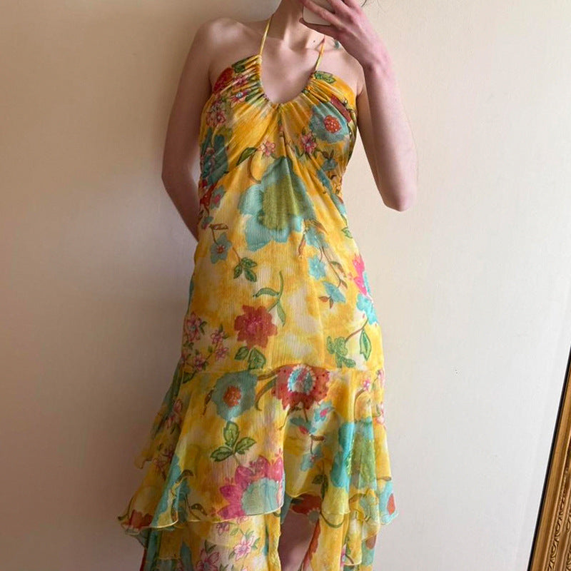 Damen fließendes Maxi-Kleid mit Blumenmuster und Rüschen Drune