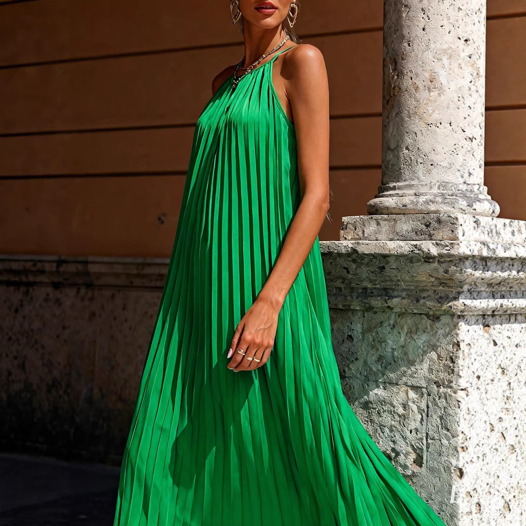 Damen Plissiertes Maxikleid mit verstellbaren Spaghetti-Trägern Drune