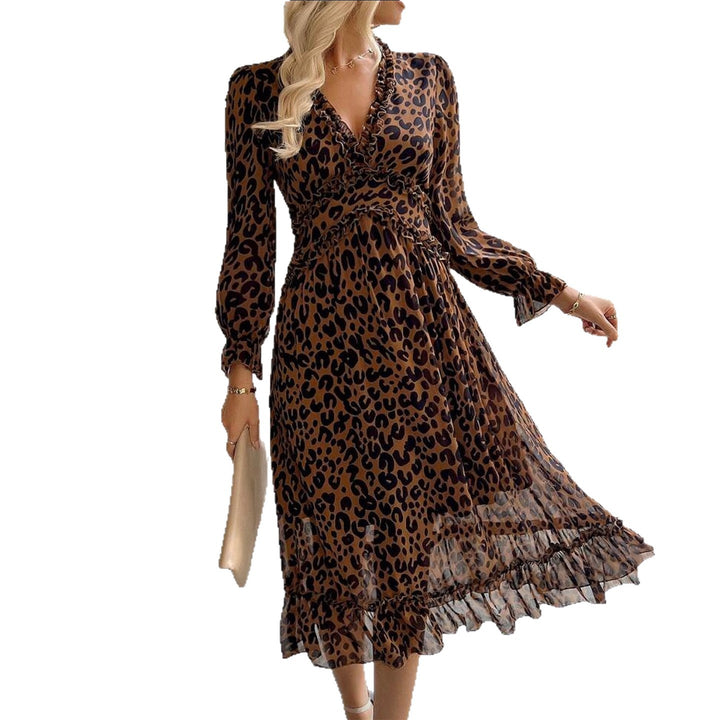 Damen Maxikleid mit elegantem Leopardenmuster und voluminösen Ärmeln Drune