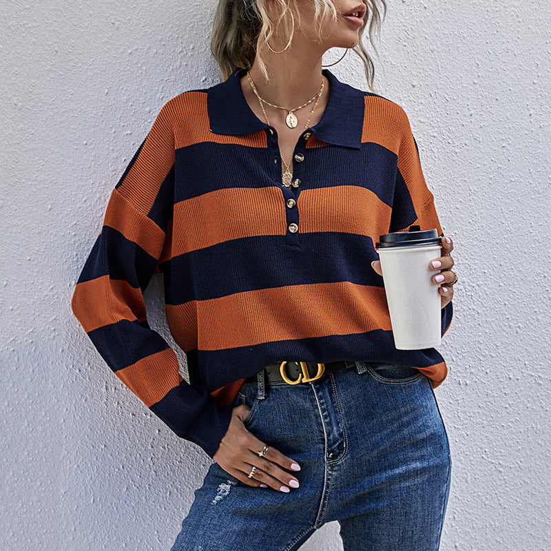 Damen lässiger Oversized Pullover mit großzügigem Streifenmuster und Knopfleiste Drune