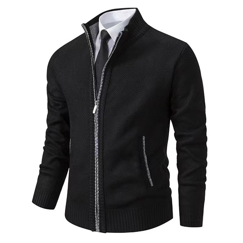Herren nan melierte Strickzipjacke mit hohem Stehkragen, feiner Struktur und verdeckten Eingrifftaschen Drune