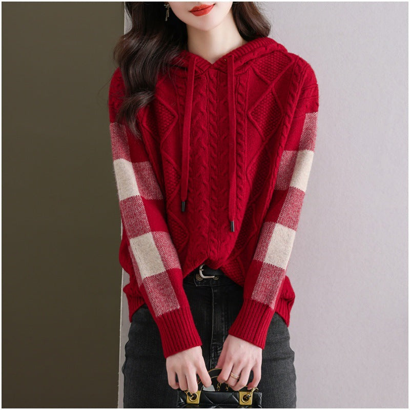 Damen Strickpullover mit Kapuze und modischem Karomuster Drune