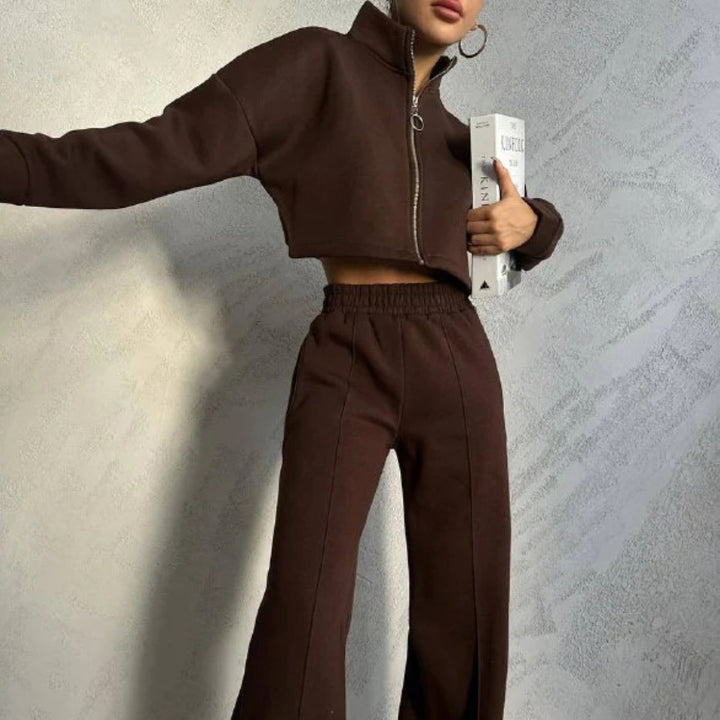 Damen nan kurzes Reißverschluss-Crop-Sweatshirt mit Stehkragen und hochtaillierter Jogginghose Set Drune