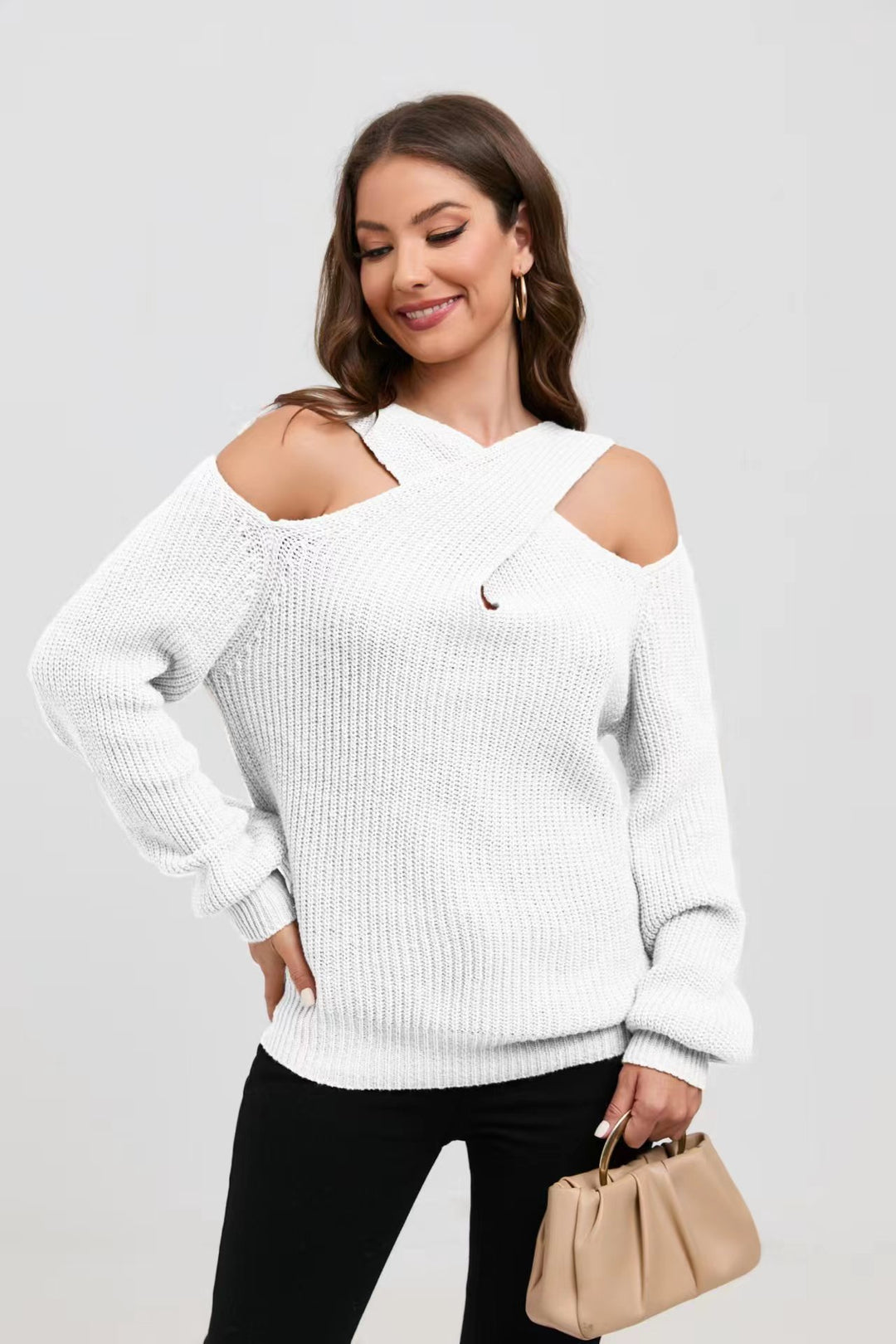 Damen Off-Shoulder Strickpullover mit asymmetrischem Design Drune