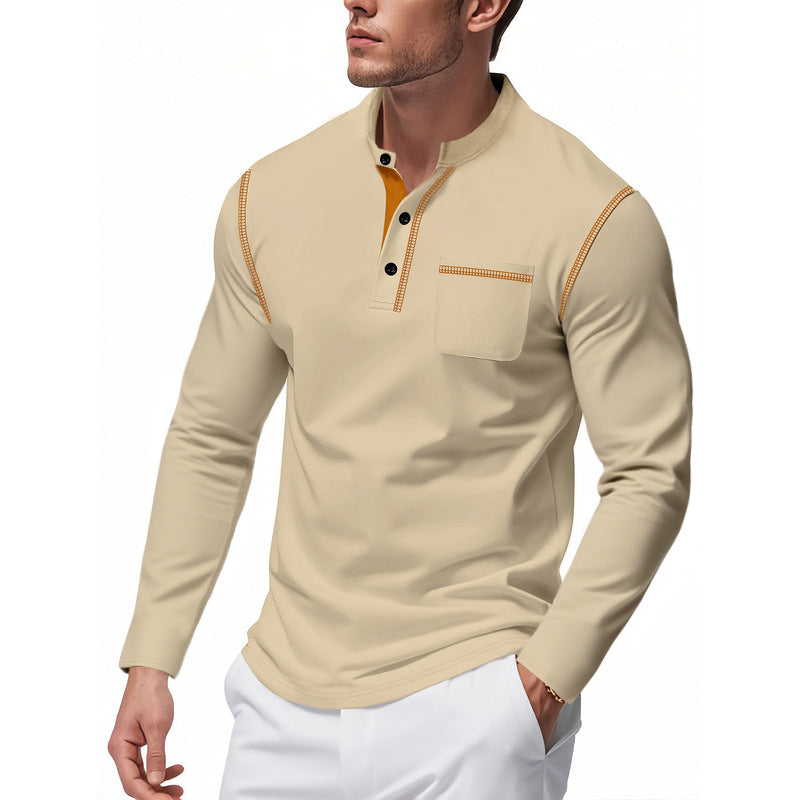 Herren nan Henley-Langarmshirt mit Stehkragen, Brusttasche und kontrastierenden Ziernähten Drune