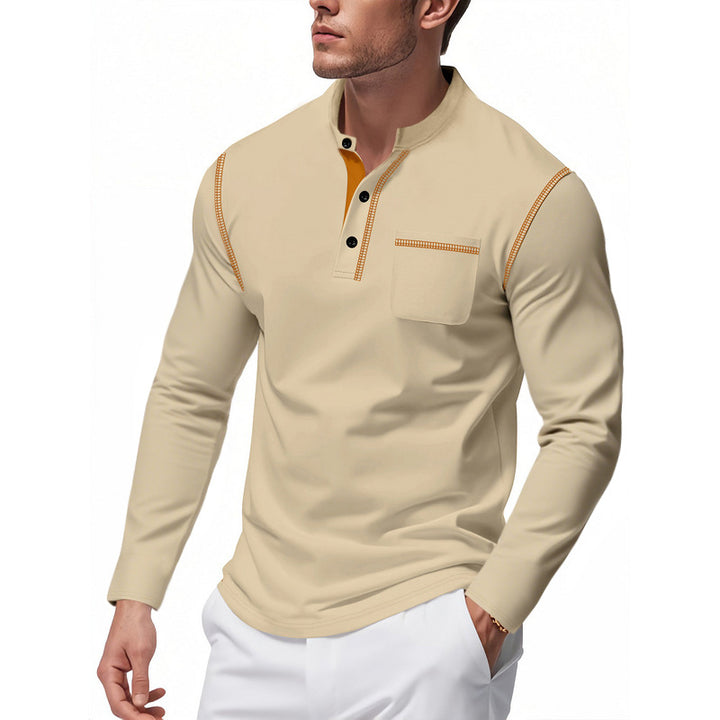 Herren nan Henley-Langarmshirt mit Stehkragen, Brusttasche und kontrastierenden Ziernähten Drune