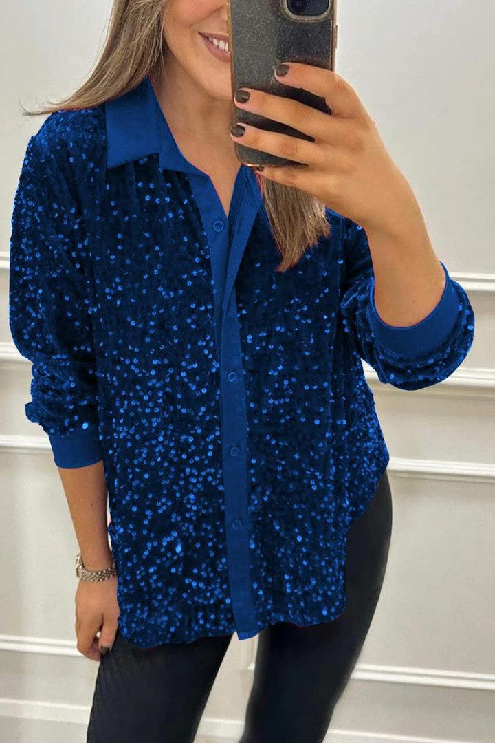 Damen Funkelnde Paillettenbluse mit klassischem Kragen Drune
