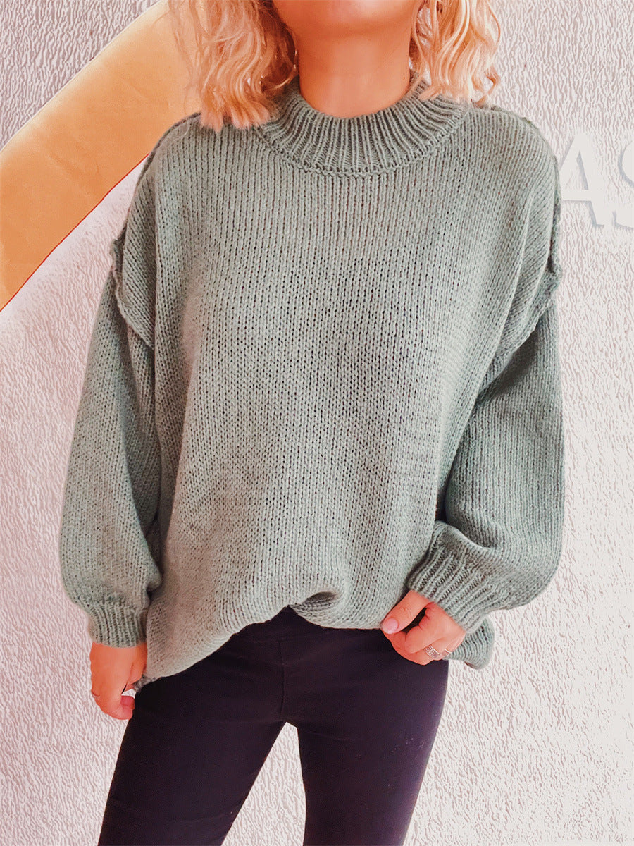 Damen lässiger Grobstrickpullover mit hohem Kragen und weitem Schnitt Drune