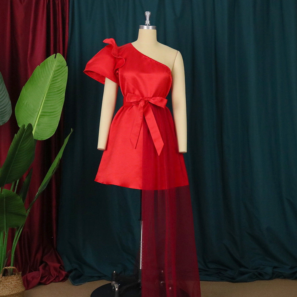 Damen asymmetrisches Cocktailkleid mit Volant und Taillenschnürung Drune