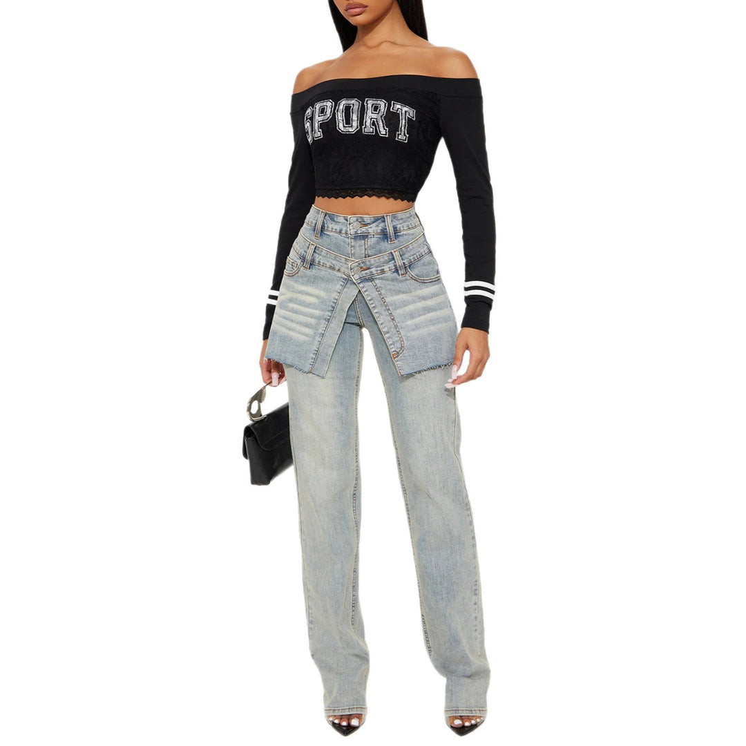 Damen Modische Denim-Hose mit asymmetrischem Design und hohem Bund Drune