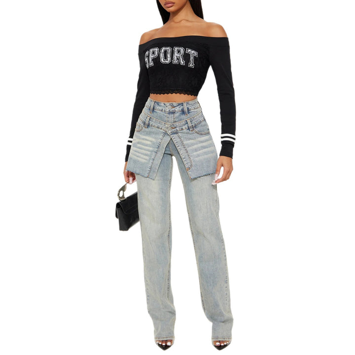 Damen Modische Denim-Hose mit asymmetrischem Design und hohem Bund Drune