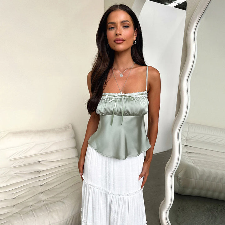 Damen Satin-Camisole mit verstellbaren Spaghettiträgern und Spitzenabschluss Drune