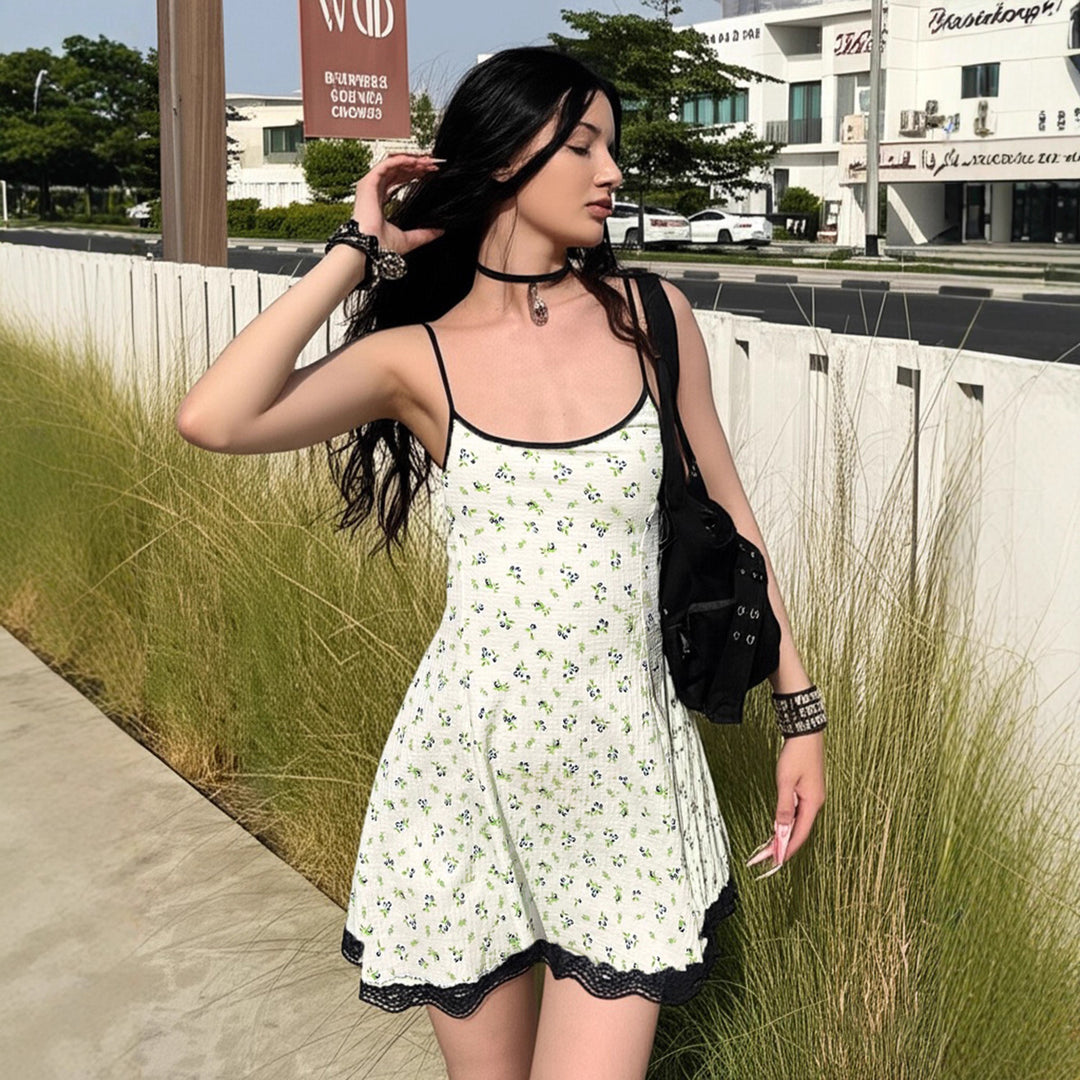 Damen Sommerliches Spaghetti-Trägerkleid mit floralen Mustern und Spitzenbesatz Drune