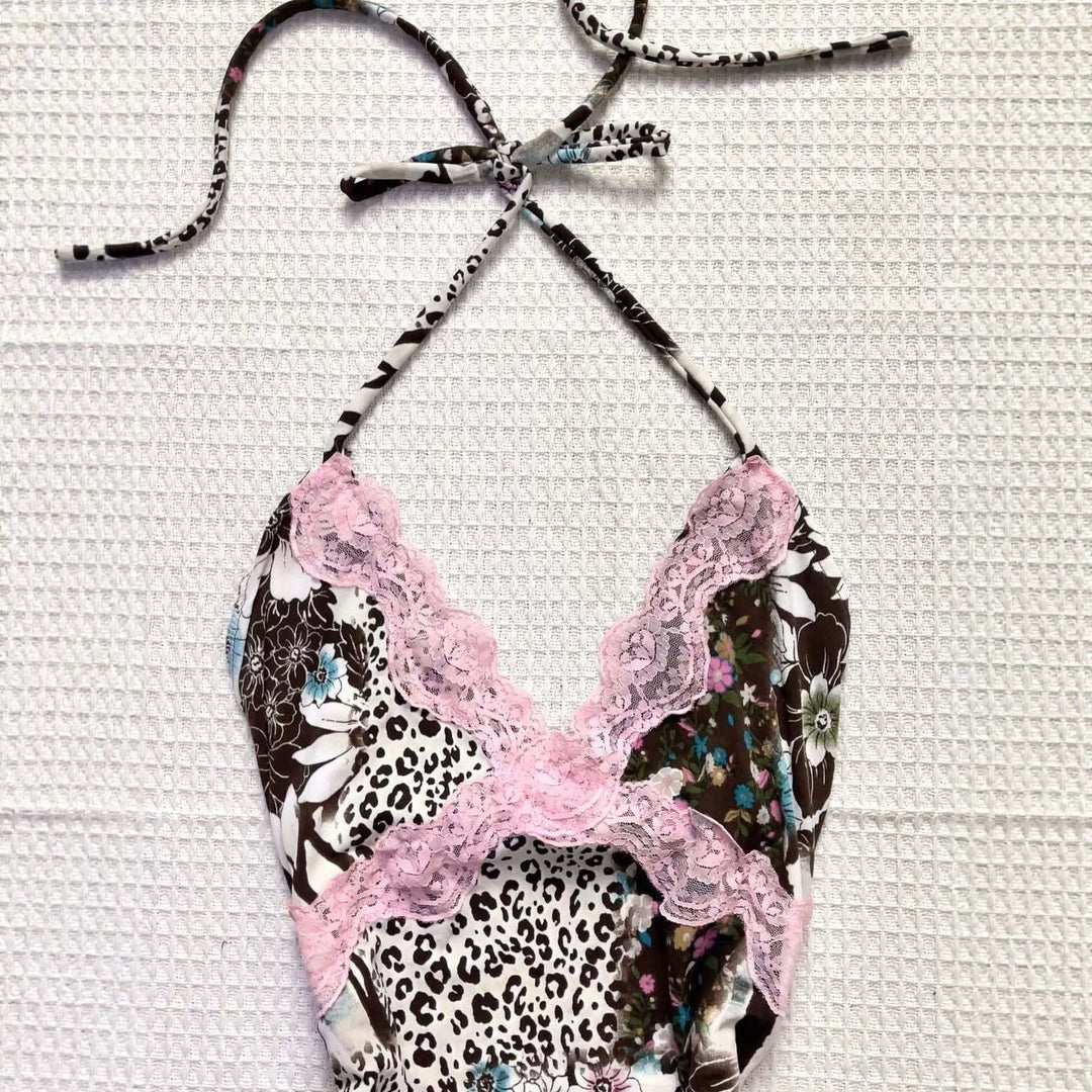 Damen Verspieltes Haltertop mit floralem und Leopardenmuster Drune