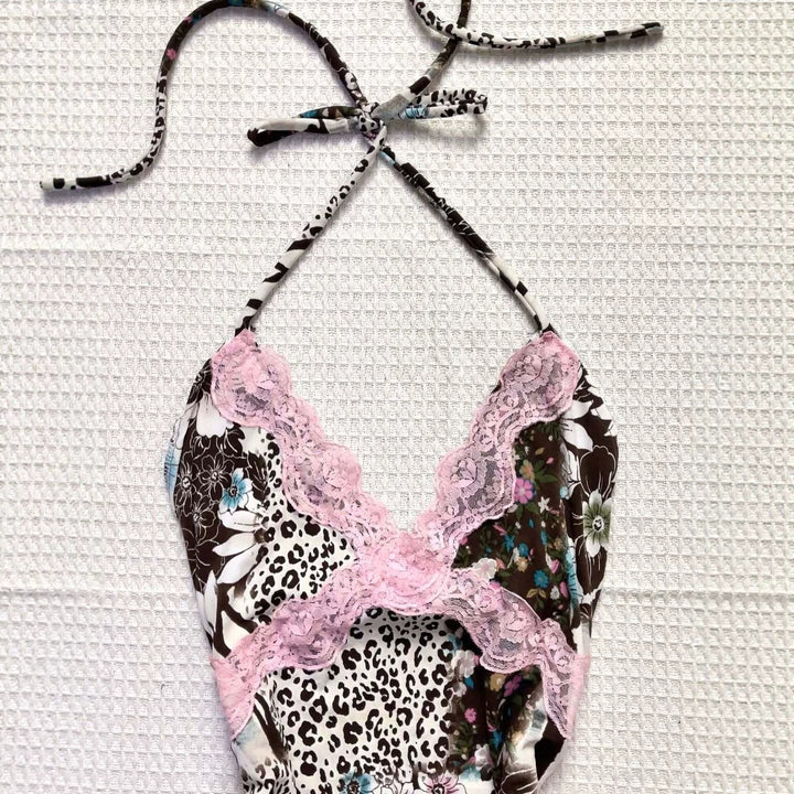 Damen Verspieltes Haltertop mit floralem und Leopardenmuster Drune