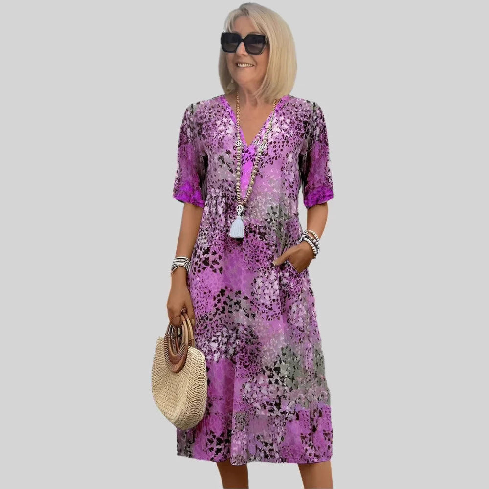 Damen lockeres Sommerkleid mit V-Ausschnitt und Taschen