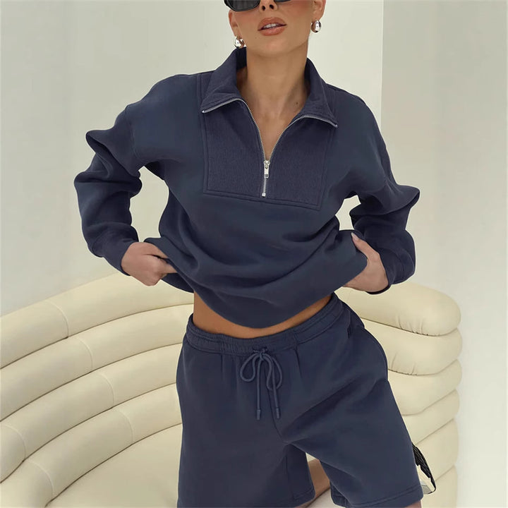 Damen lässiges Sweatshirt und Shorts mit kurzem Reißverschluss Drune
