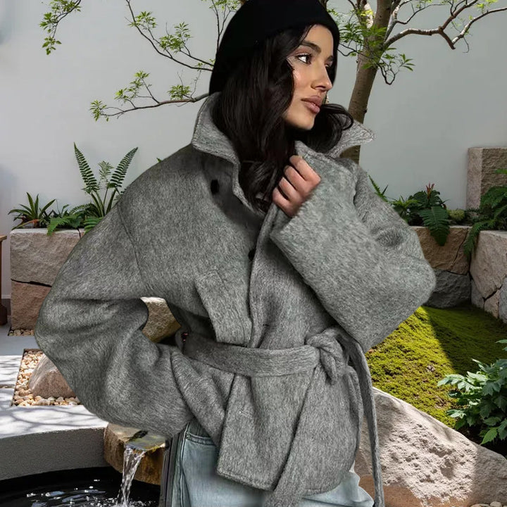 Damen Oversized Wollmantel mit Gürtel Drune
