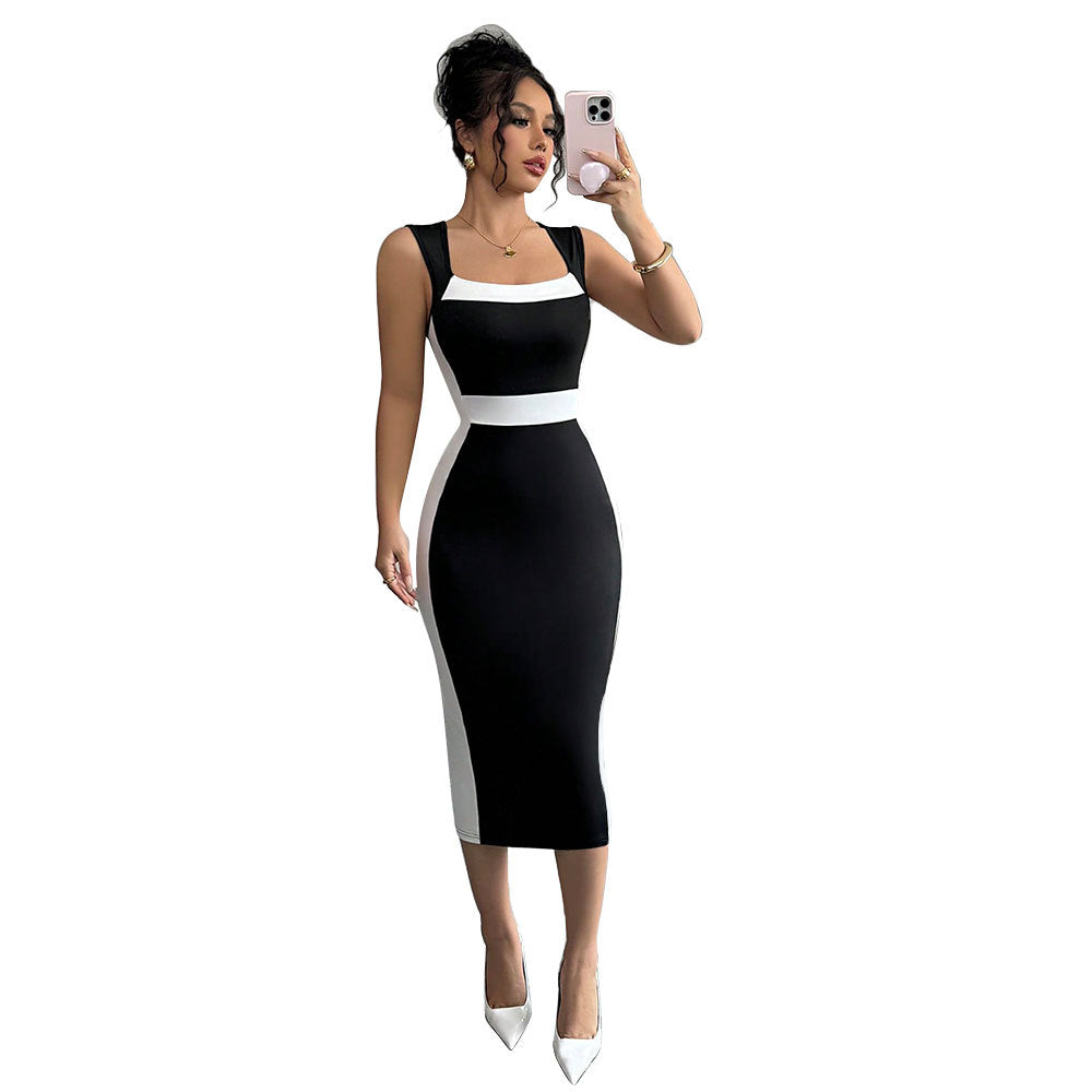 Damen figurbetontes Midi-Kleid mit modischem Kontrastschnitt und schmalen Trägern Drune