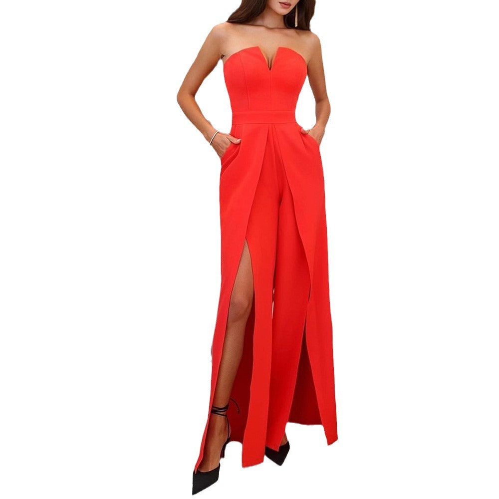 Damen Elegantes Trägerloses Jumpsuit mit weit ausgestellten Beinen und Taschen Drune