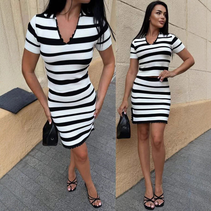 Damen Streifen Kleid mit kurzem Ärmel und Rippstruktur Drune